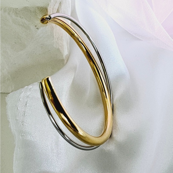 Silver & Gold Two Tone Twisted Open Wrap Cuff Bracelet - Picture 9 of 9